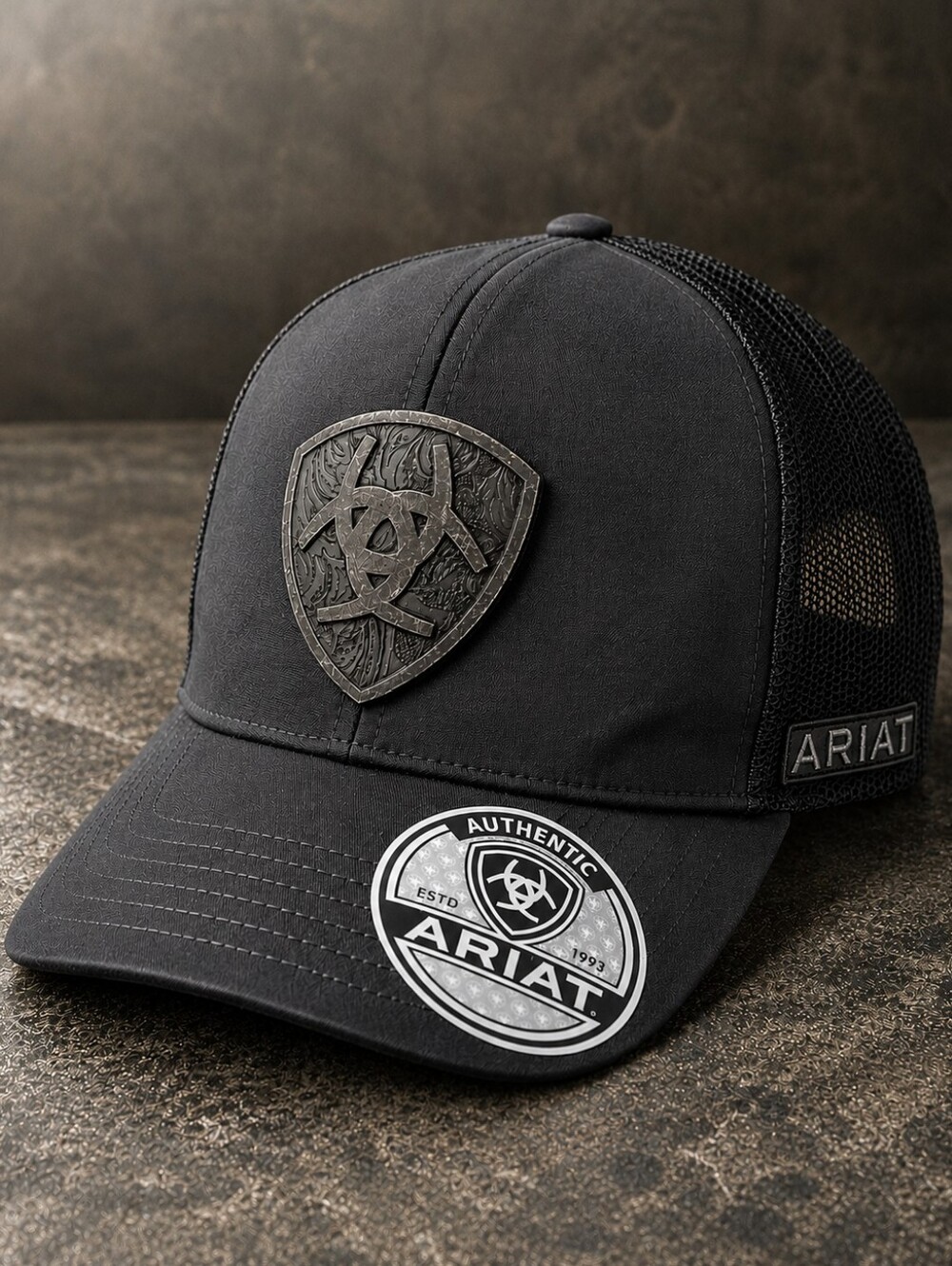 Ariat Shield Logo Black Trucker Hat NWT Western Snapback Cap